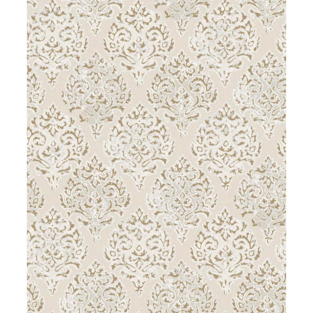 Lustre Collection Gold/Beige Embossed Modern Damask Metallic Finish Paper o