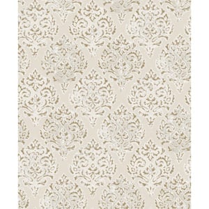 Lustre Collection Gold/Beige Embossed Modern Damask Metallic Finish Paper on Non-woven Non-pasted Wallpaper Roll