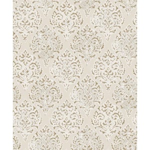 Lustre Collection Gold/Beige Embossed Modern Damask Metallic Finish Paper on Non-Woven Non-Pasted Wallpaper Roll