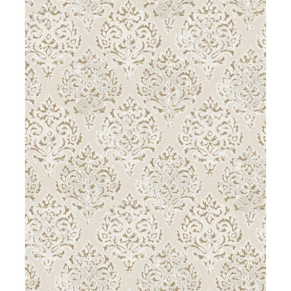 Unbranded Lustre Collection Gold/Beige Embossed Modern Damask Metallic Finish Paper on Non-Woven Non-Pasted Wallpaper Roll