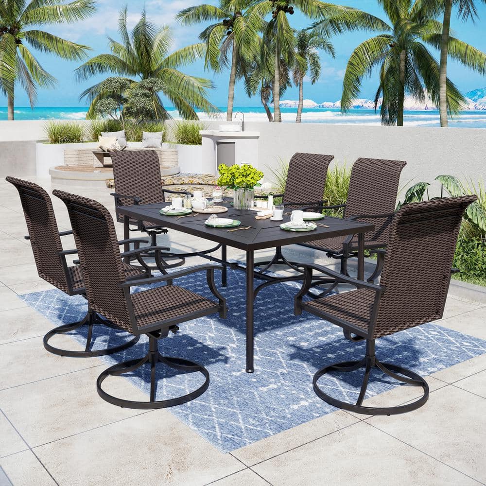 PHI VILLA 7-Piece Patio Outdoor Dining Set with Rattan Swivel Chair ...