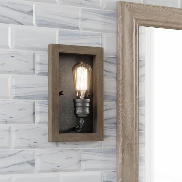 Home Decorators Collection Palermo Grove 7 in. 1-Light Gilded Iron Farmhouse Sconce with Rustic Painted Walnut Wood Accents