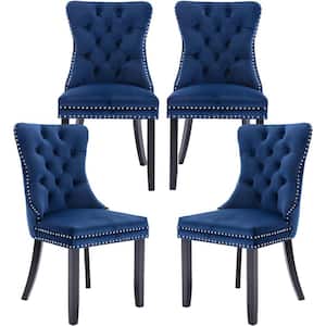 Dark Blue Velvet Upholstered Dining Chairs Accent Diner Chairs Stylish Kitchen Chairs with Wood Legs (Set of 4)