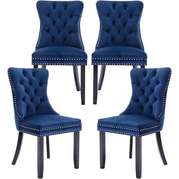 Mydepot Dark Blue Velvet Upholstered Dining Chairs Accent Diner Chairs Stylish Kitchen Chairs with Wood Legs (Set of 4)