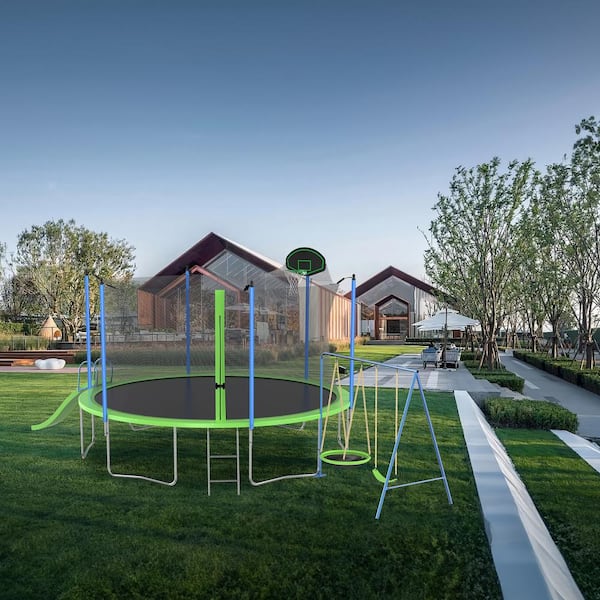 12 ft. Green Outdoor Trampoline with Slide, Swings, Basketball Hoop and Ladder