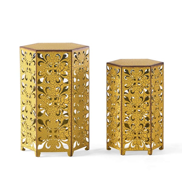 Noble House Jeffery Antique Yellow Hexagonal Metal Outdoor Patio Accent Table