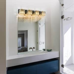 32.09 in. 4-Light Modern Black and Gold Crystal Vanity Light for Bathroom with Crystal Beads