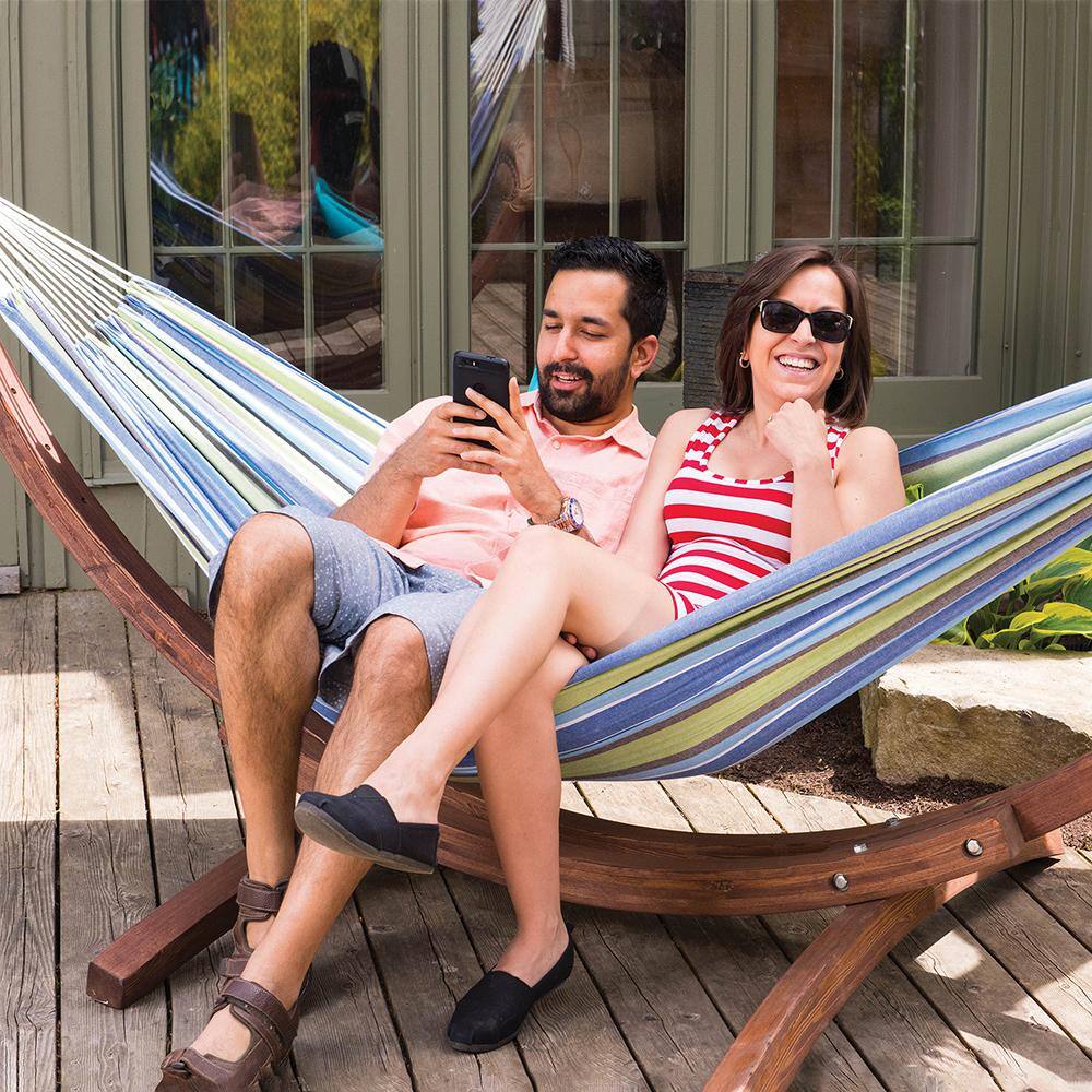 Vivere Blue and Green Striped Cotton Hammock with Pinewood Stand