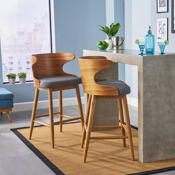 Kamryn Mid-Century Modern 30.25 in. Natural Wooden Bar Stools with Light Gray Fabric Seat Cushion (Set of 2)