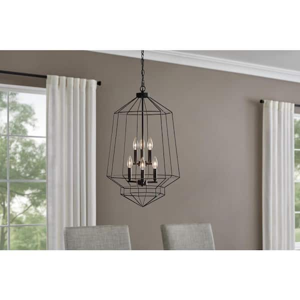 Hampton Bay Winfield 6-Light Black Caged Tier Chandelier Light Fixture with Geometric Metal Shade