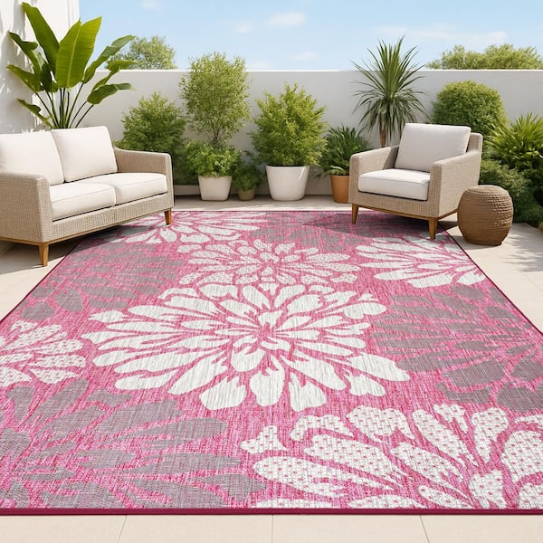JONATHAN Y Zinnia Modern Floral Textured Weave Fuchsia/Light Gray 8 ft. x 10 ft. Indoor/Outdoor Area Rug