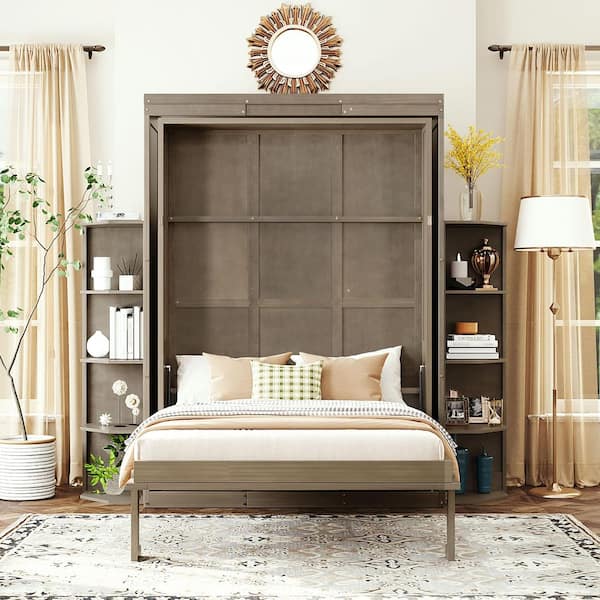 Iver Gray Wood Frame Queen Size Murphy Bed, Wall Bed with Dual 3-Tier Side Shelves, Convertible Desk, Storage Racks