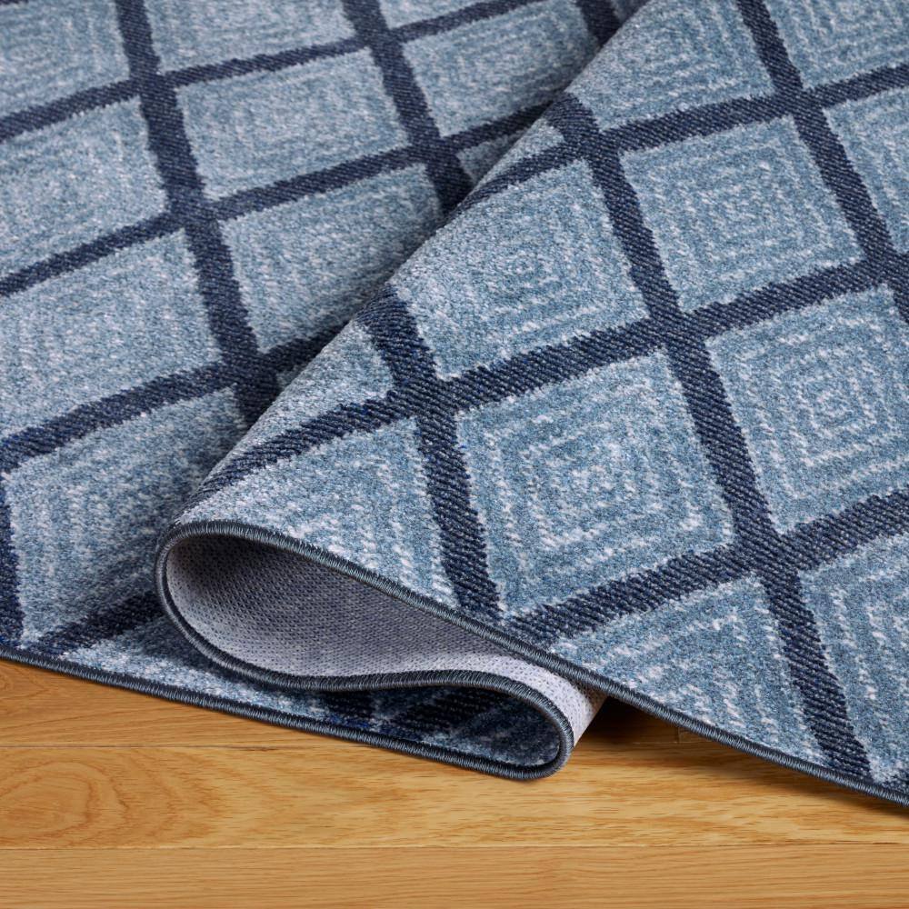 Blue Diamond Pattern 8' x 10' Washable Polyester Area Rug