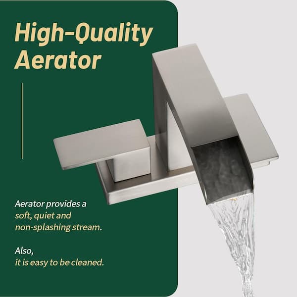 Waterfall 304-Stainless Steel 4 in. Centerset Double Handle Bathroom Faucet with Drain Kit Included in Brushed Nickel