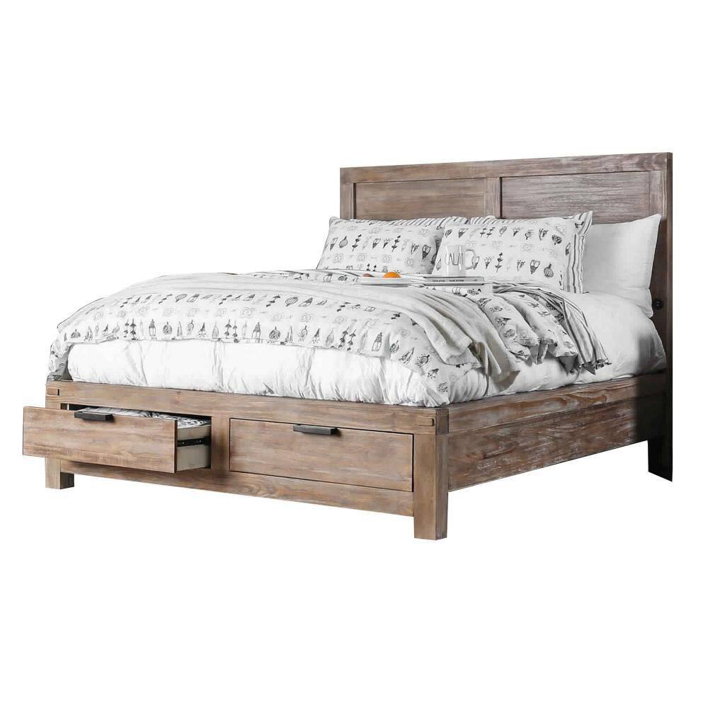 Brown Wood Frame King Size Panel Bed with Storage