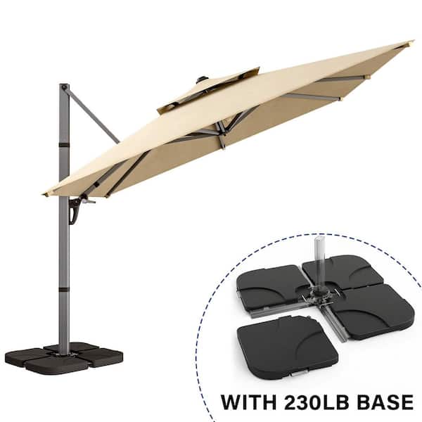 8 ft. x 8 ft. Doubel Top Rectangular Aluminum Cantilever Patio Umbrella with 230 lb. 4-Panel Base in Beige