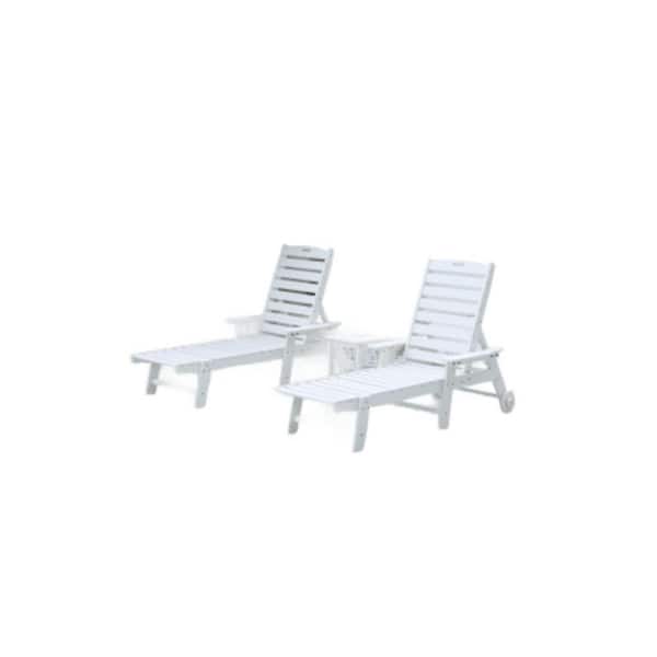 3-Piece Oversized Woodgrain Lounger Set White, 5 Positions Wheels and Cup Holders (Includes 2 Lounge Chairs and 1 Table)