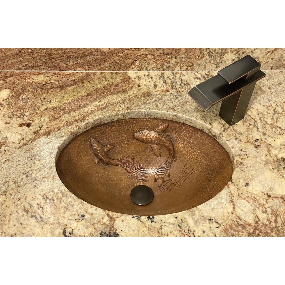 19" Oval Hammered Copper Undermount Sink with Koi Fish Design