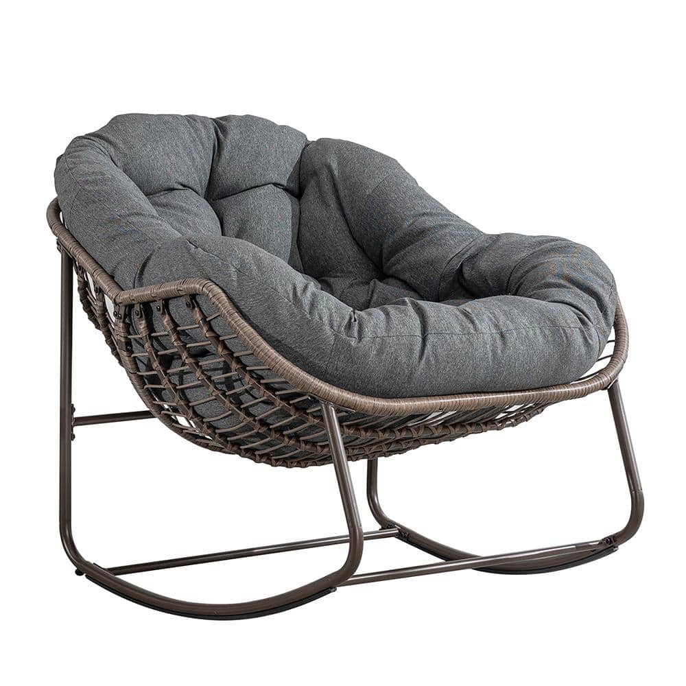 Indoor and Outdoor PE Wicker Outdoor Rocking Chair with Gray Cushion, Rocke