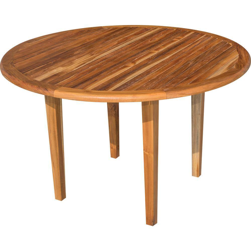 Round natural teak dining table with a slatted top and four sturdy legs.