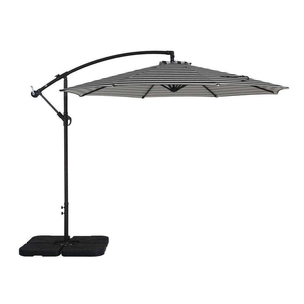 10 ft Black and White Striped Steel Cantilever Patio Umbrella with Base