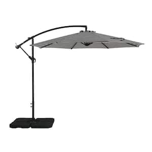 Bayshore 10 ft. Crank Lift Cantilever Hanging Offset Patio Umbrella in Black/White Stripe with Base Weights