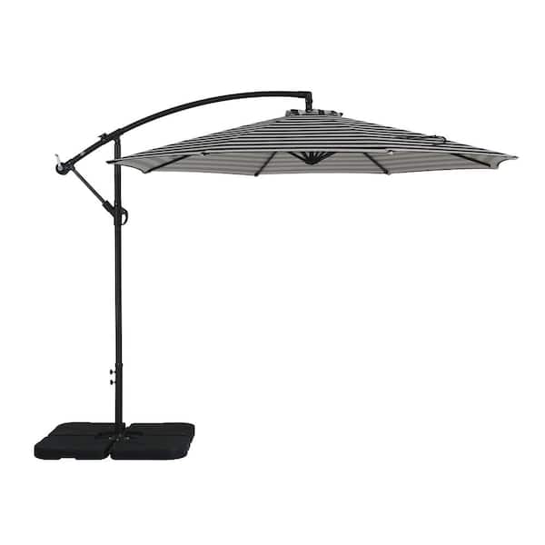WESTIN OUTDOOR Bayshore 10 ft. Crank Lift Cantilever Hanging Offset Patio Umbrella in Black/White Stripe with Base Weights