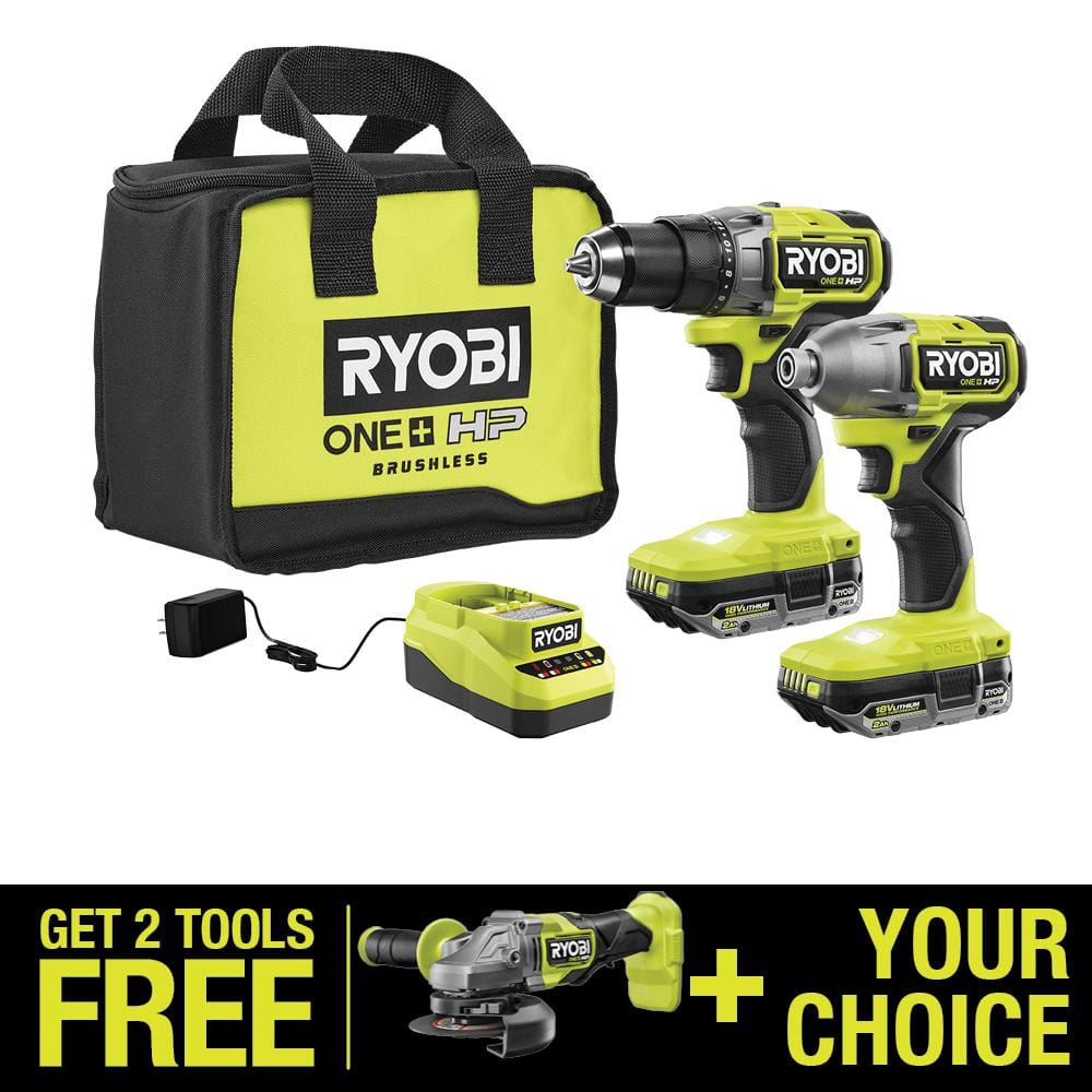 RYOBI ONE+ HP 18V Brushless Cordless 2-Tool Combo Kit w/(2) 2.0 Ah Batteries, Charger, Bag, and 4-1/2 in. Angle Grinder -  PBLCK01KPBLAG01