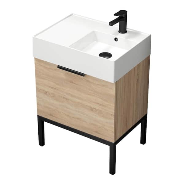 Nameeks Derin 23.6 in. W x 17.3 in. D x 34.64 in. H Modern Bathroom Vanity in Brown Oak With White Ceramic Top