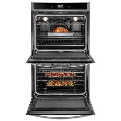 30 in. Smart Double Electric Wall Oven with True Convection Cooking in Black on Stainless Steel