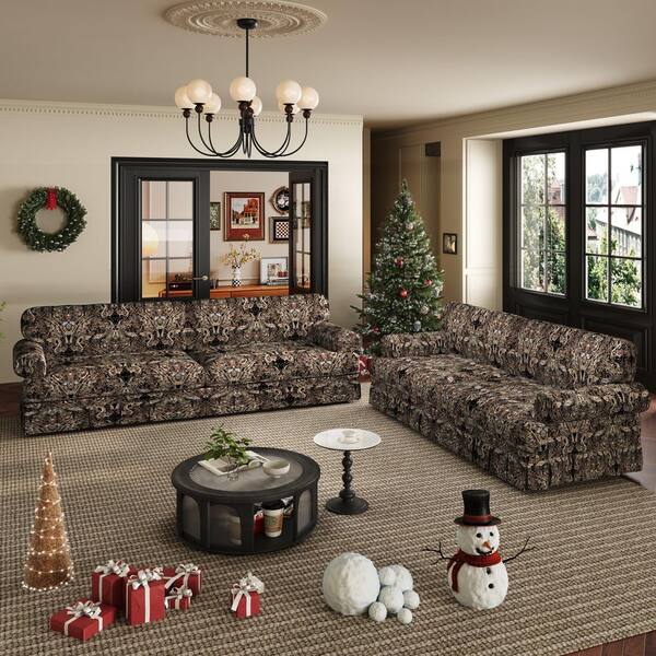Polibi 74 in. Square Arm Chenille Rectangle Sofa in Black Floral