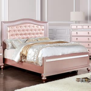 Stelna Pink Wood Frame Queen Panel Bed with Tufted Headboard