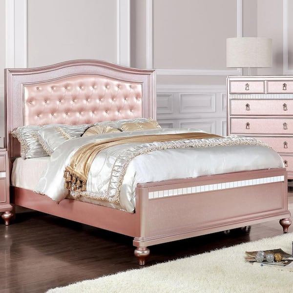 Furniture of America Stelna Pink Wood Frame Queen Panel Bed with Tufted Headboard