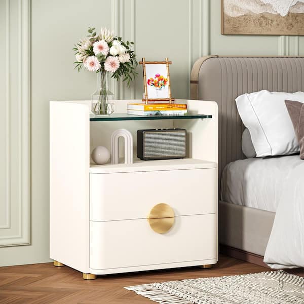Fenley White 2 Drawers 19.7 in. W Storage Wood Nightstand Set of 2, Modern Nightstand with Open Shelf (2 Products)