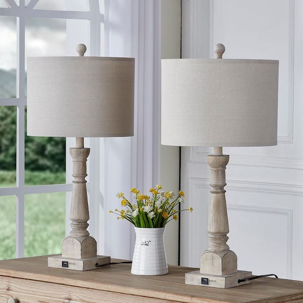 Salem 27 in. Brown Resin Bedside Table Lamp with Fabric Lampshade USB port (2-Pack）