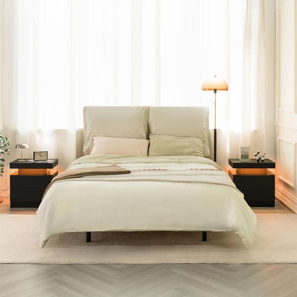 Black 2-Drawer Nightstand with LED Lights, Drawers, and Open Shelf