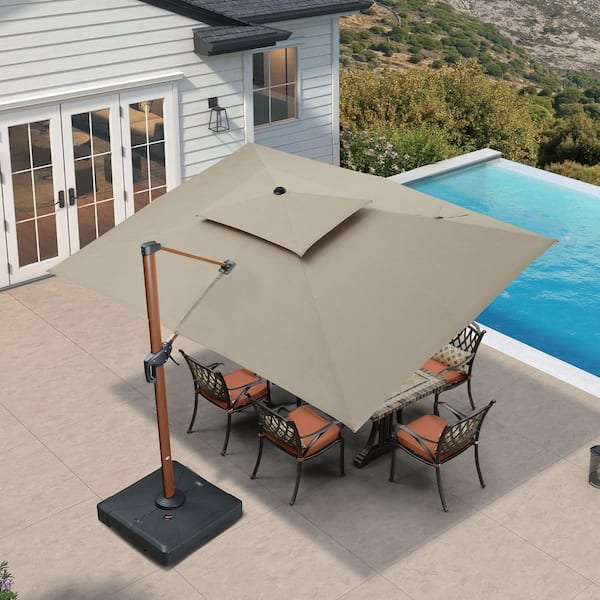10 ft. x 13 ft. Sunbrella Aluminum 360° Rotation Wood Pattern Cantilever Outdoor Patio Umbrella with Base in Cast Ash