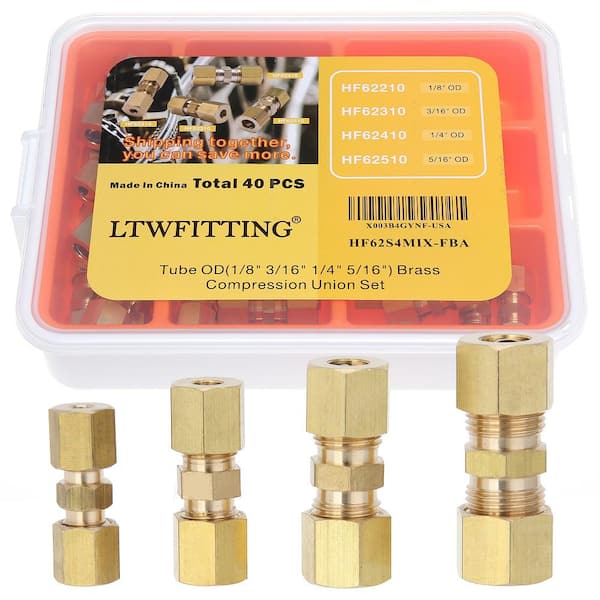 LTWFITTING Assortment Kit Tube OD 1/8" 3/16" 1/4" 5/16" Brass  Compression Union Set (40-Pack) HF62S4MIX - The Home Depot