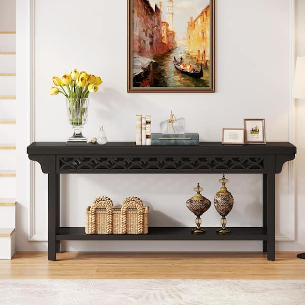 BYBLIGHT Turrella 70.8 in. Black Rectangle Solid Wood Console Table with Shel