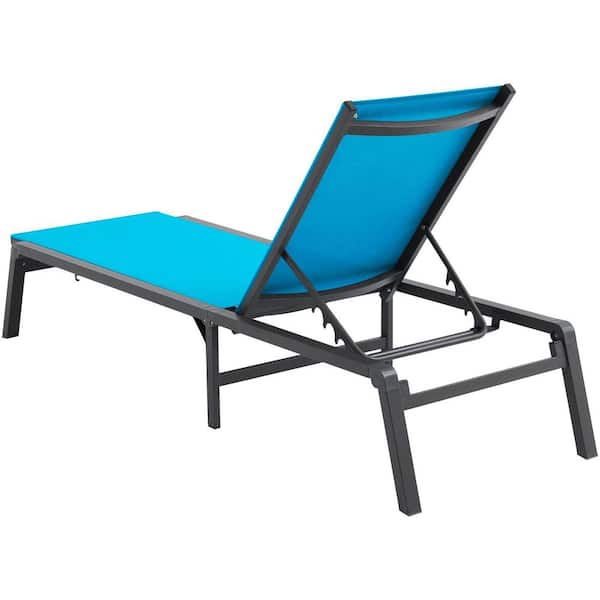 Chaise Lounge Chair Outdoor, Adjustable 5-Position Aluminum Patio Recliner, Folding, Full Flat Tanning Chair, Blue