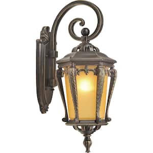 1-Light Indoor or Outdoor Golden Rust Aluminum Lamp / Coach Light Wall Mount Sconce with Tapered Champagne Bubble Glass
