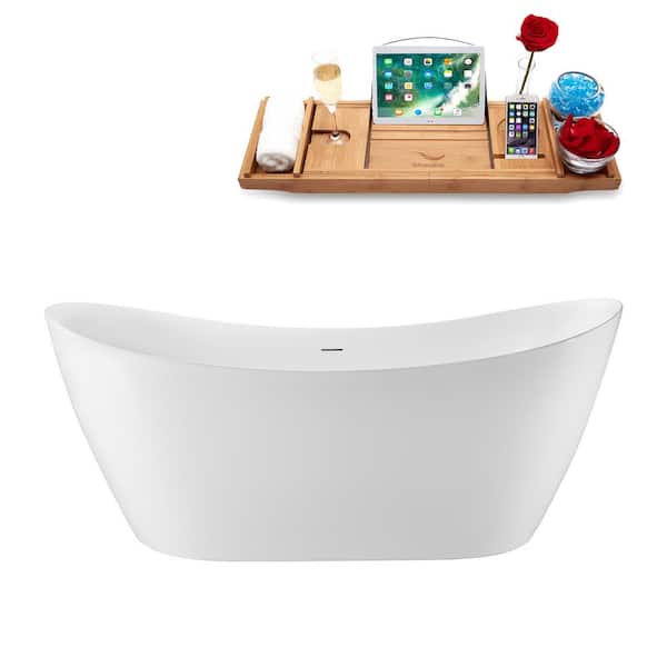 Streamline 68 in. x 30 in. Acrylic Freestanding Soaking Bathtub in Glossy White with Matte Oil Rubbed Bronze Drain, Bamboo Tray