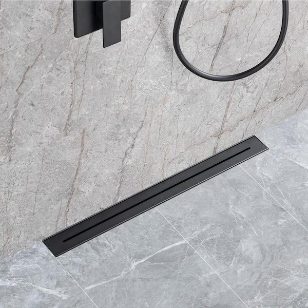 28 in. Stainless Steel Linear Shower Drain with Square Pattern Drain Cover in Matte Black
