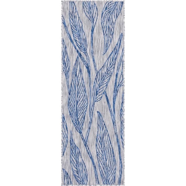 Unique Loom Outdoor Leaf Light Gray 2 ft. x 6 ft. Runner Rug
