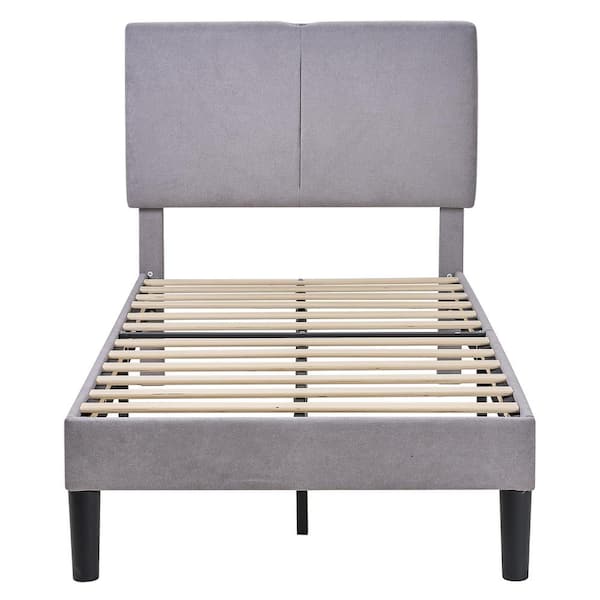 Bed Frame with Type-C and USB Ports, Upholstered Platform Height-Adjustable Cotton and Linen Headboard, Gray Twin Bed