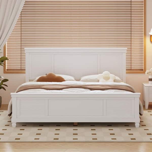 Lazaro Modern Country White Wood Frame Queen Size Platform Bed with Farmhouse Style Headboard