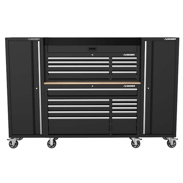 Husky - Modular Tool Storage 92 in. W Standard Duty Black Mobile Workbench with 52 in. Top Tool Chest and (2) 20 in Side Lockers