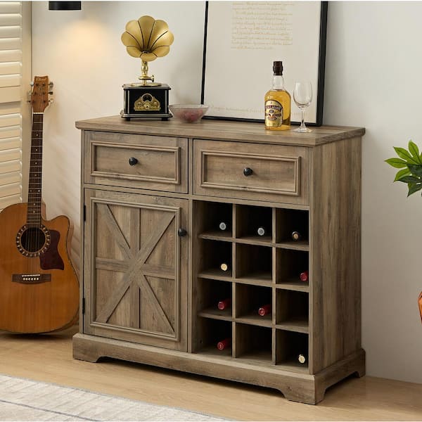 Unbranded 12-Bottle Gray Farmhouse Liquor Cabinet Bar Cabinet with 2-Drawers, Wine Bar Cabinet with Removable Wine Rack