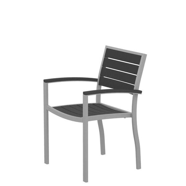 POLYWOOD Euro Textured Silver Patio Dining Arm Chair with Slate Grey Slats