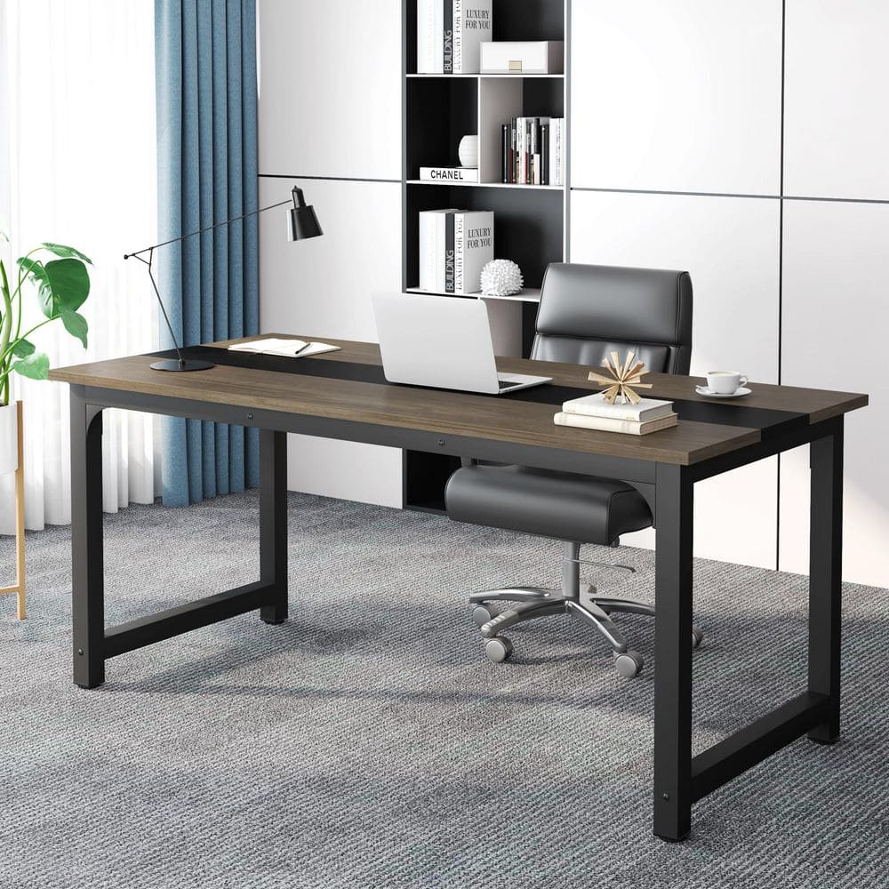 Moronia 71 in. Rectangular Gray and Black MDF Executive Desk, Large Computer Desk for Home Office